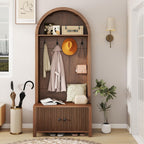 Hall Tree with Bench and Shoe Storage, Entryway Storage Bench with Coat Rack, 70.08" Tall Mudroom Rack with 4 Double Hooks and and 2 Fluted Doors, hall tree with storage for Hallway, Walnut