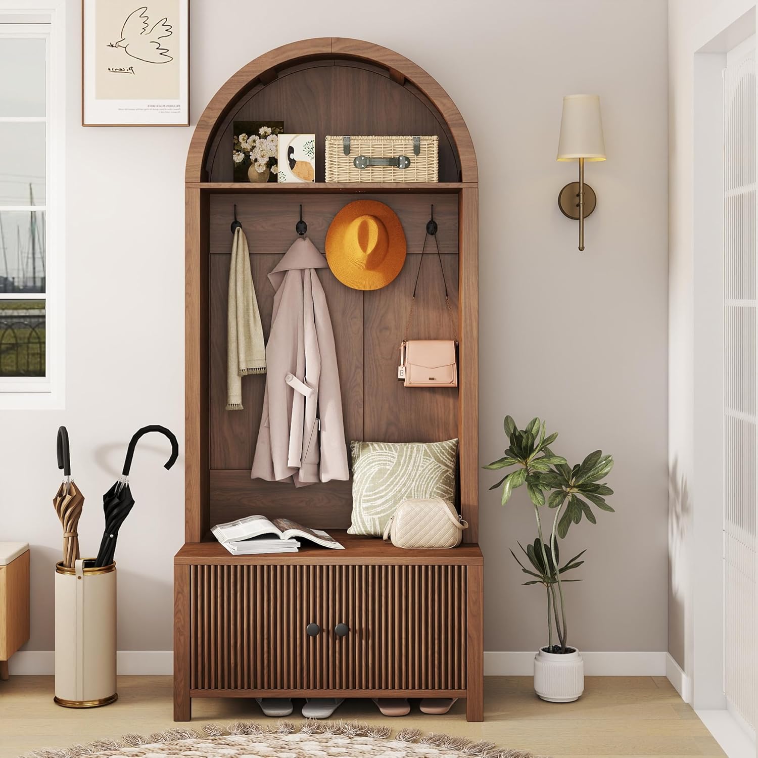 Hall Tree with Bench and Shoe Storage, Entryway Storage Bench with Coat Rack, 70.08" Tall Mudroom Rack with 4 Double Hooks and and 2 Fluted Doors, hall tree with storage for Hallway, Walnut
