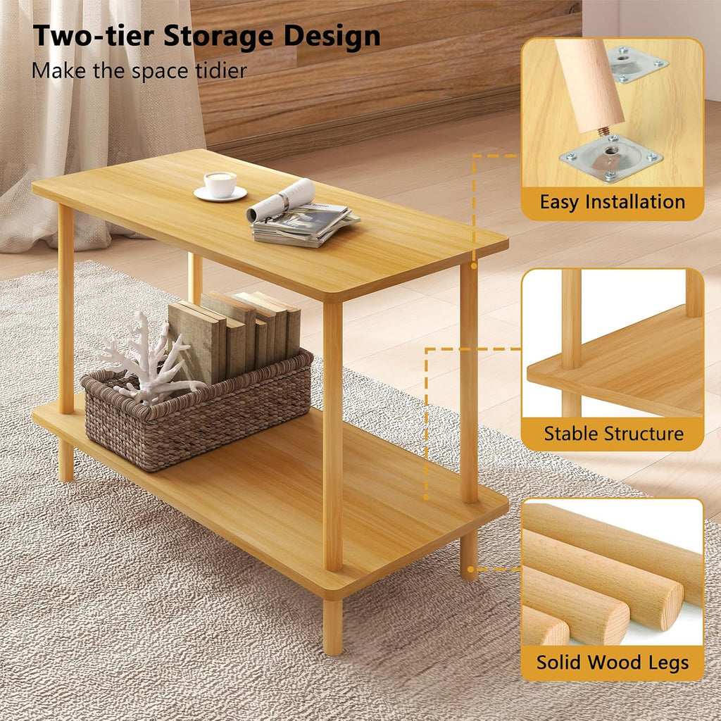 Funecy 2-Tier End Table, Sofa Side Table with Storage, Narrow Side Table, Bedside Table for Bedroom，for Living Room and Small Space (Natural)