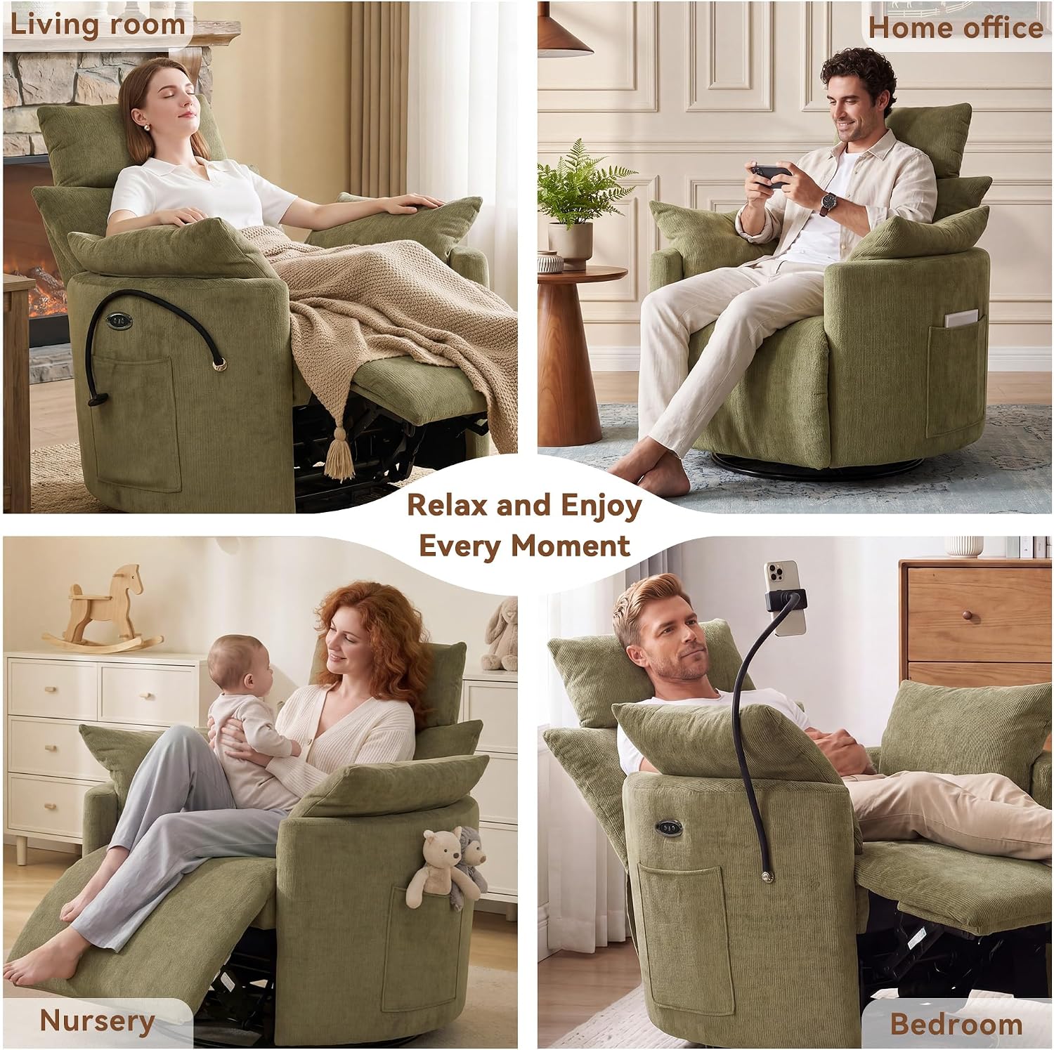 FOXHUNTER Power Nursery Rocking Chairs Glider Rocking Chair 300°Swivel Rocking Recliner with USB Charging Port and Phone Holder,Footrest&Side Pockets,for Living Room,Chenille,Green