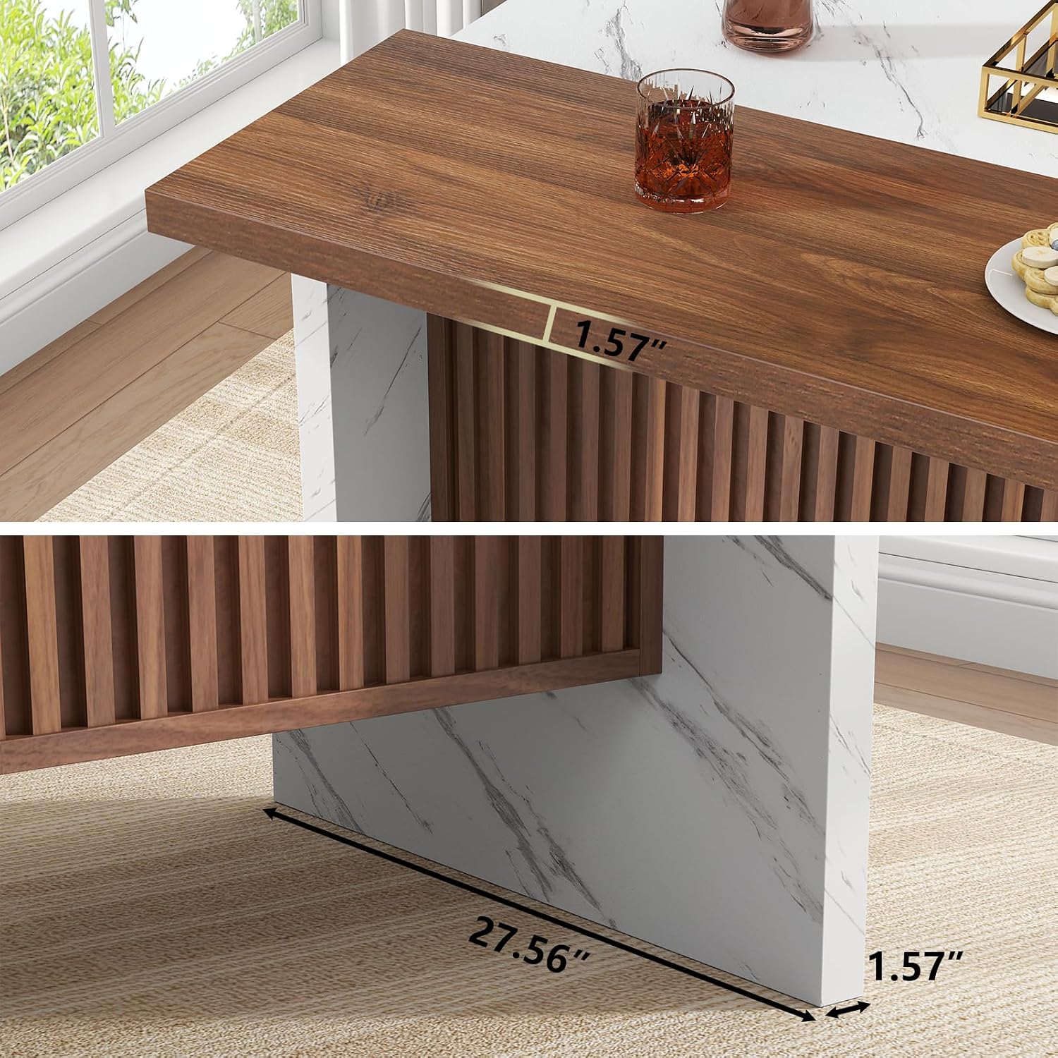Gyfimoie 71" Large Imitation Marble Bar Table,Island Table with LED Lights | Mordern Marble Stripes Dining Table with Grille Design for Home Kitchen, Living Room, Balcony, Basement (White+Brown)
