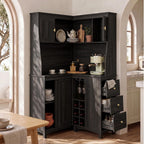 STO’Sense 71" Tall Corner Cabinet w/Charging Station,L-Shaped Kitchen Pantry Storage Cabinet w/3 Drawers,Countertop,Wine Rack,Shelves,Glass Holder&Sliding Door, Large Microwave Stand Hutch, Black Oak