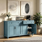 Scurrty Sideboard Buffet Cabinet, 62'' Large Storage Cabinet with Drawers and 4 Doors, Vintage Coffee Bar Cabinets with Adjustable Shelf for Kitchen, Living Room, Blue
