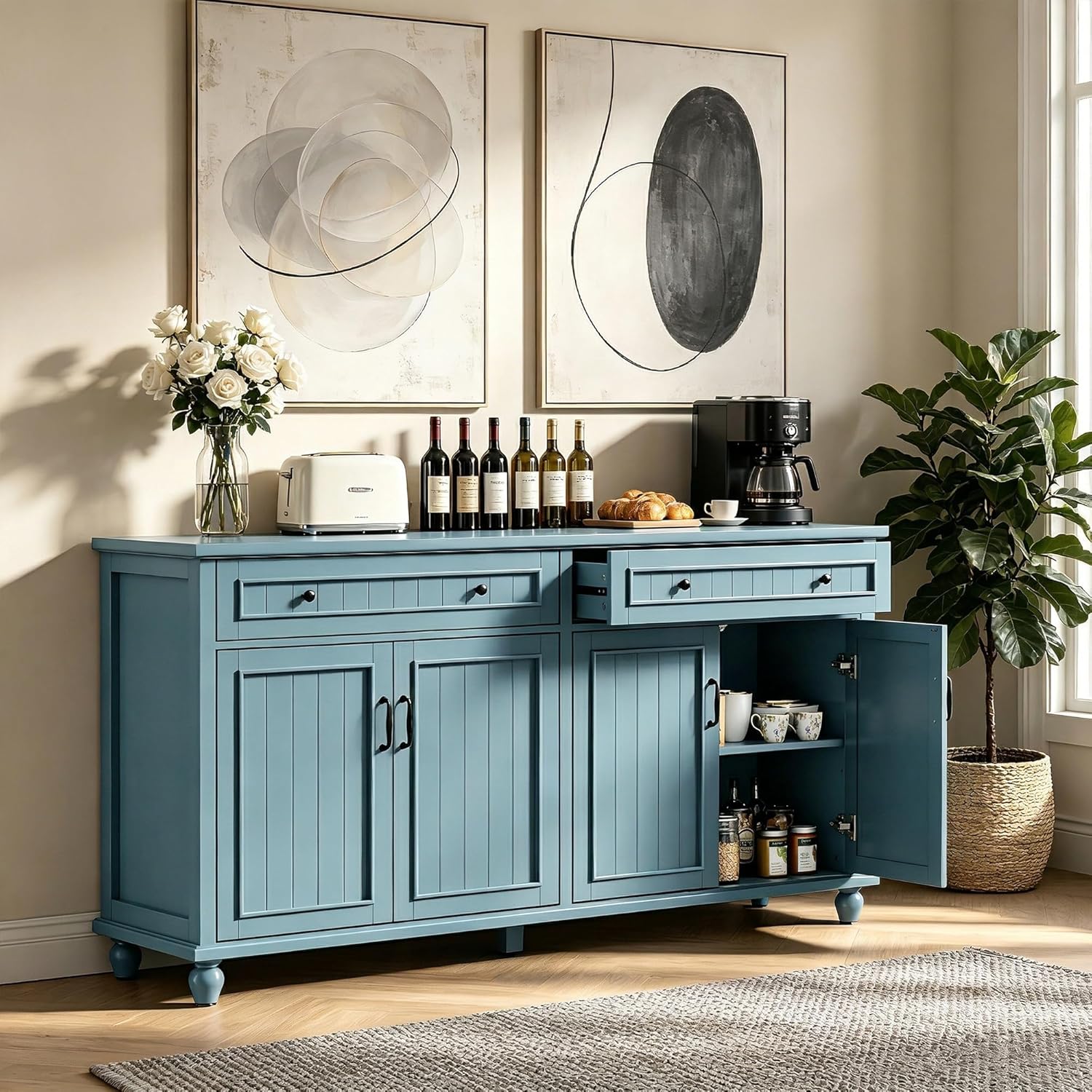 Scurrty Sideboard Buffet Cabinet, 62'' Large Storage Cabinet with Drawers and 4 Doors, Vintage Coffee Bar Cabinets with Adjustable Shelf for Kitchen, Living Room, Blue