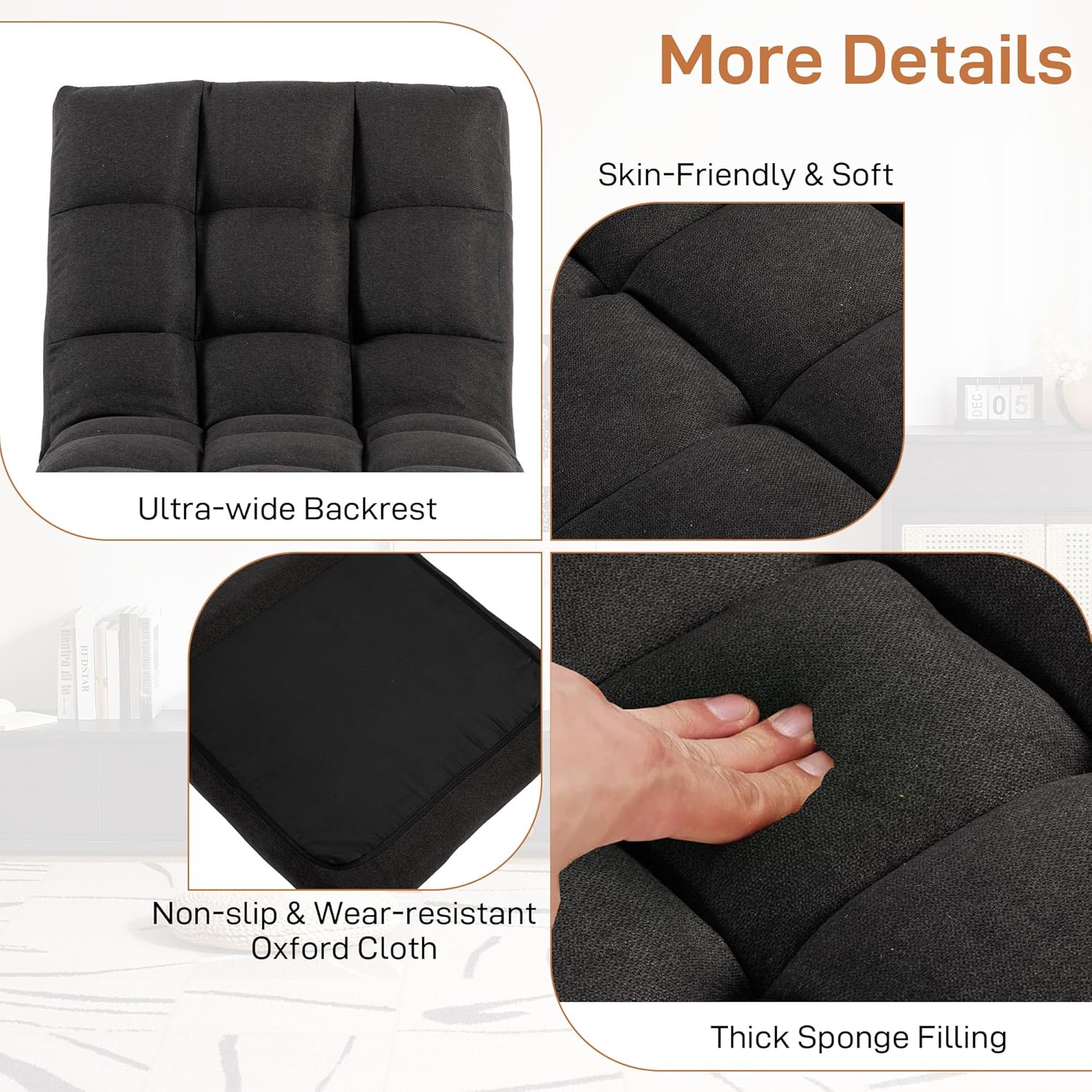 Floor Chair with Back Support Folding Chair with 6 Adjustable Position, Padded Sleeper Bed, Floor Gaming Chair, Meditation Chair, Gaming Floor Chairs for Adults (Country Rustic, Black)
