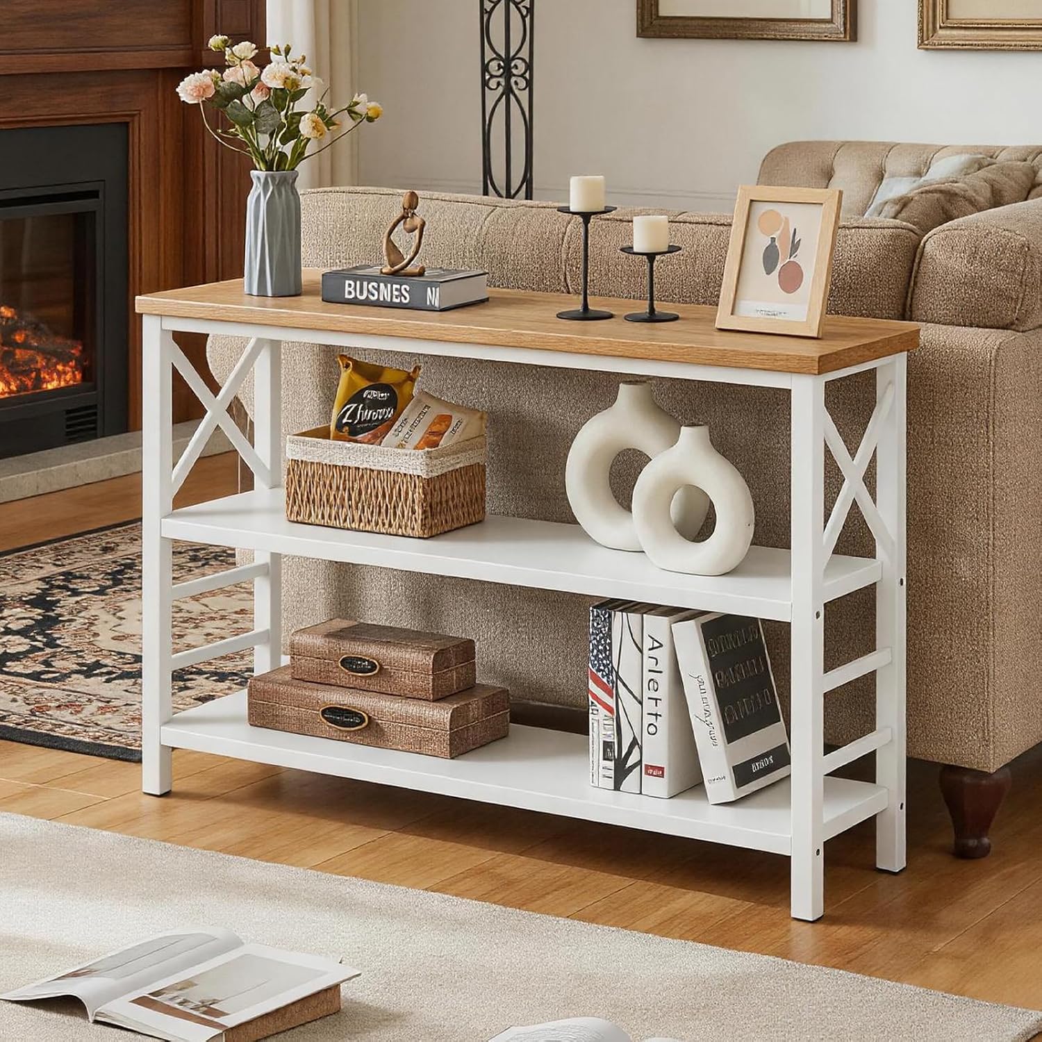 HOMBAZAAR Sofa Table,Industrial Console Table with Storage,Entryway Table with Engineered Wood and Metal,Rustic 3 Tier Shelf for Living Room,Hallway,White and Brown,47 Inch