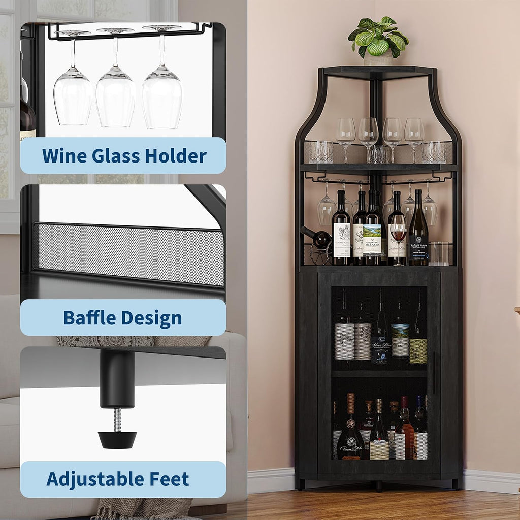 IDEALHOUSE Corner Bar Wine Cabinet with Glass Holder Wine Bar Rack Cabinet with Mesh Door & Glass Holder,Industrial Liquor Cabinet for Home, Kitchen, Dinning Room,Black