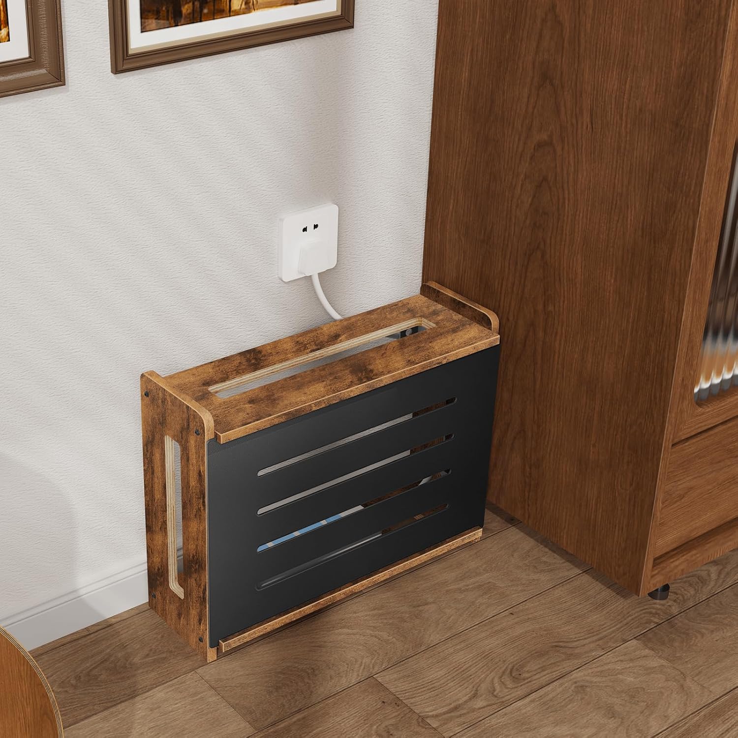Homode Wooden WiFi Router Box Hider, Wall Mount or Tabletop Router Shelf with Metal Frame, Decorative Modem & Power Strip Storage Cabinet, Internet Cable Management Organizer, Rustic Brown