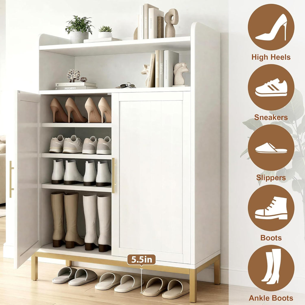 DreamDashio Shoe Cabinet with Adjustable Shelves & Doors, 7-Tier Farmhouse Shoe Storage Cabinet with Golden Metal Legs, 47.2'' Tall Shoes Rack Organizer Cabinet with Open Storage for Entryway, Hallway