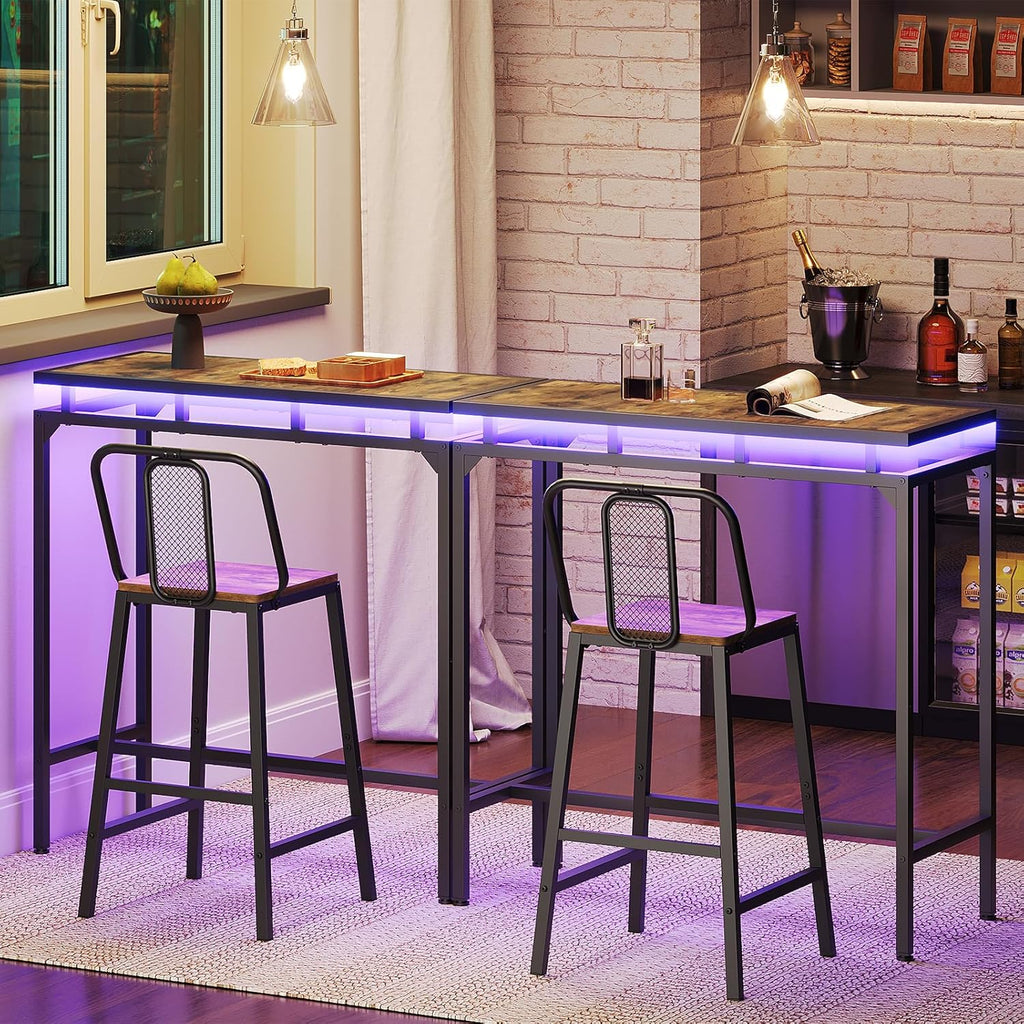 YATINEY Bar Table with LED Lights, Counter Height Bar Height Table, Pub Gaming Table, Metal Frame, for Living Room, Dining Room, Pub, Rustic Brown and Black BT01DBR