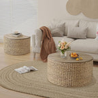 Nesting Coffee Table Set of 2, Rustic Crate and Barrel Coffee Table, Hand-Woven Woven Nesting Tables with Soild Wood Cover for Living Room, Bedroom