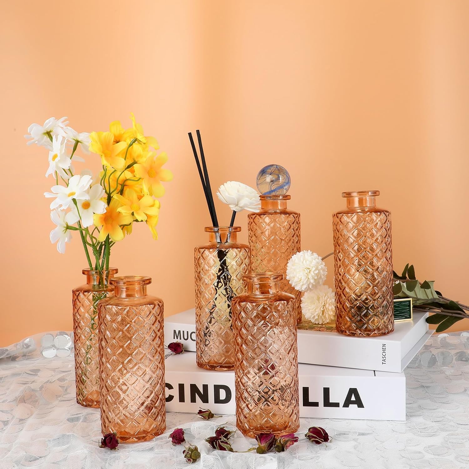Glass Bud Vase, Flower Bottle, Small Vase, Set of 6, Simple, Solid, for Mum or Lady, Classy Gift for Father's Day, Anniversary, Wedding, Amber