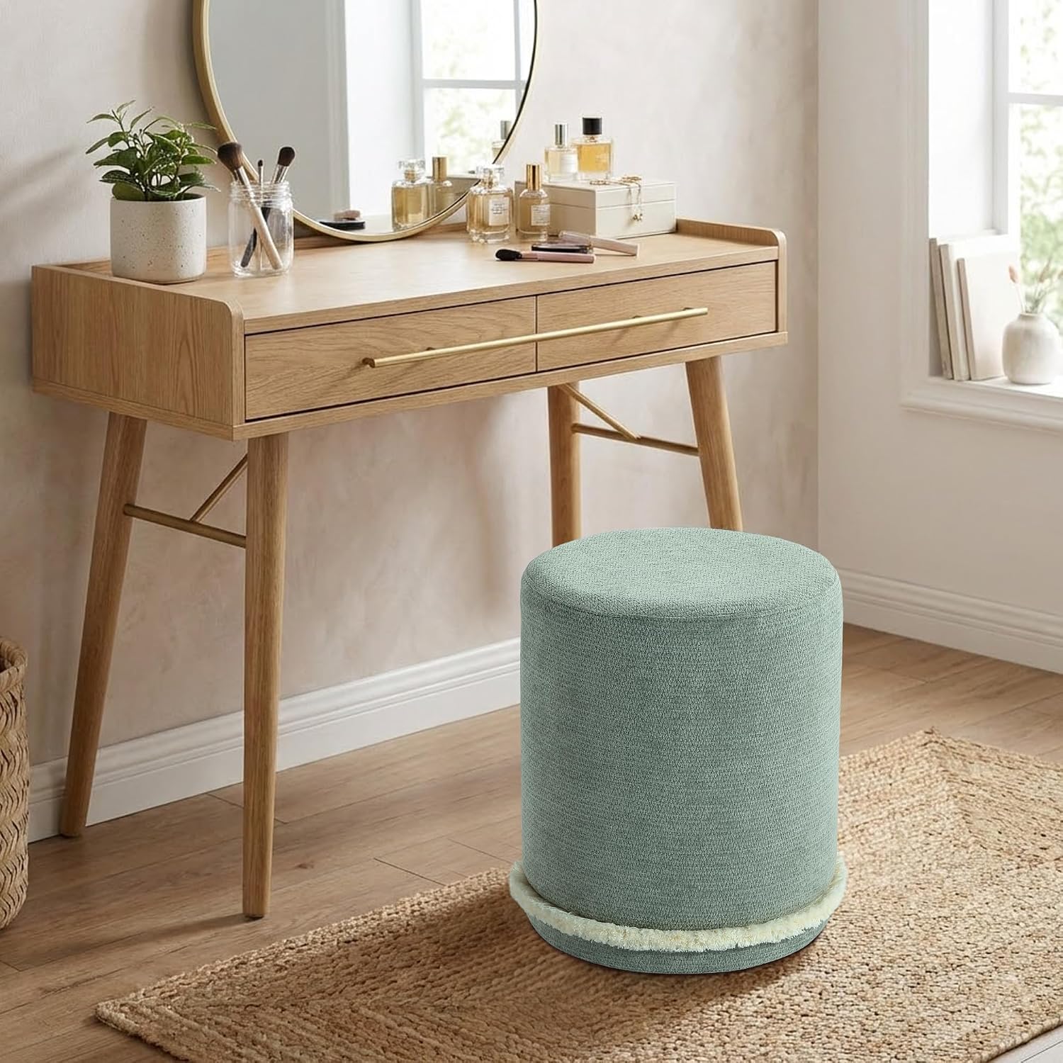 Get Set Style Modern Round Ottoman with Soft Padded Seat, Multifunctional Vanity Chairs for Makeup, Upholstered Footrest Stool Ottoman Foot Stool for Living Room, Bedroom