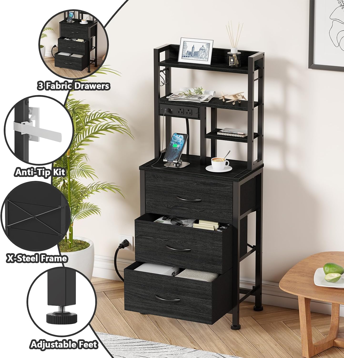 Furnulem Black Nightstands Set of 2, Tall Night Stand with Charger Station | 3 Fabric Drawers and Led Lights, USB Ports & type-C, 4-Tier Storage Shelves, Tall Bed Side Table for Bedroom/Dorm/Office