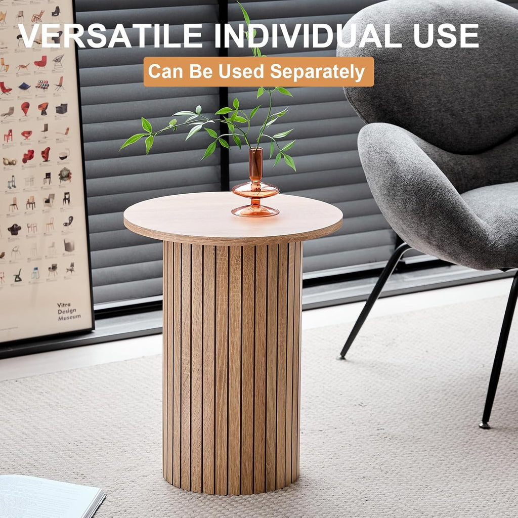 Round Nesting Coffee Tables Set of 2 -φ27.6 Large Short + φ15.8 Small Tall Boho Circle Side Tables with Fluted Drum Design, Natural