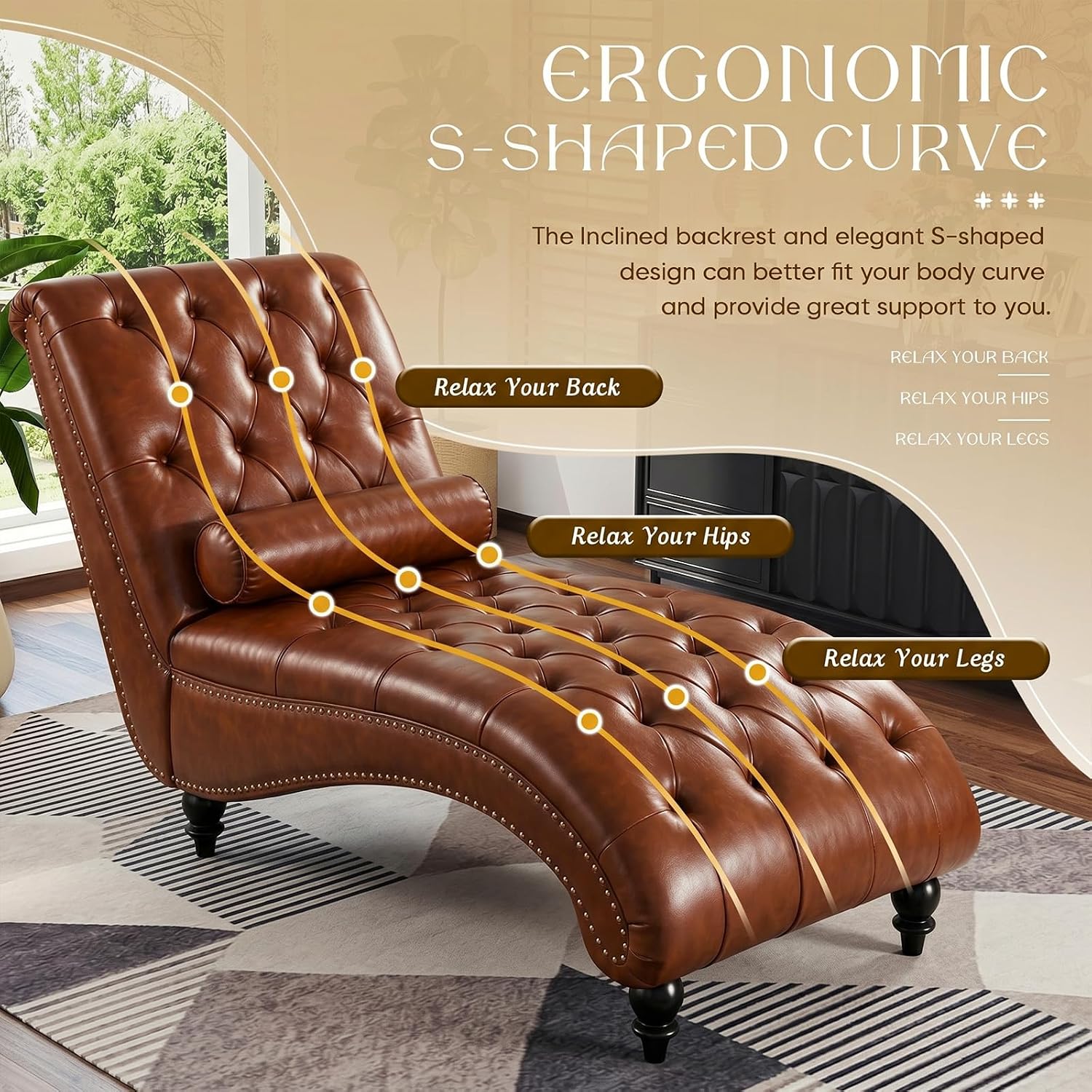 Faux Leather Chaise Lounge Indoor with Toss Pillow, Modern Chaise Lounge Chair, Upholstered PU Armless Ergonomic Chairs with Tufted Buttons and Nail Heads for Living Room, Bedroom Furniture, Brown