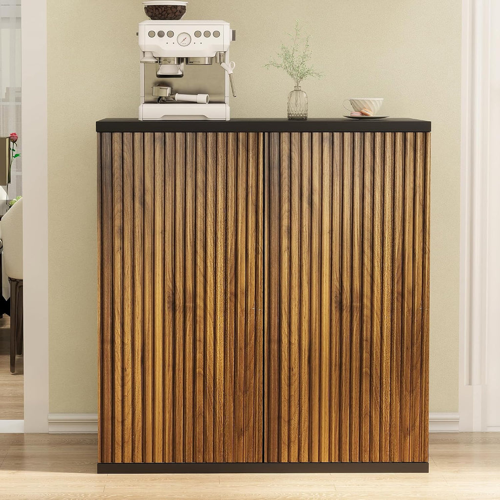 Buffet Cabinet with Storage Walnut Fluted Wooden Accent Sideboard with Pop-Up Doors and Adjustable Shelves Coffee Bar Media Console Cabinets for Kitchen, 1 Piece