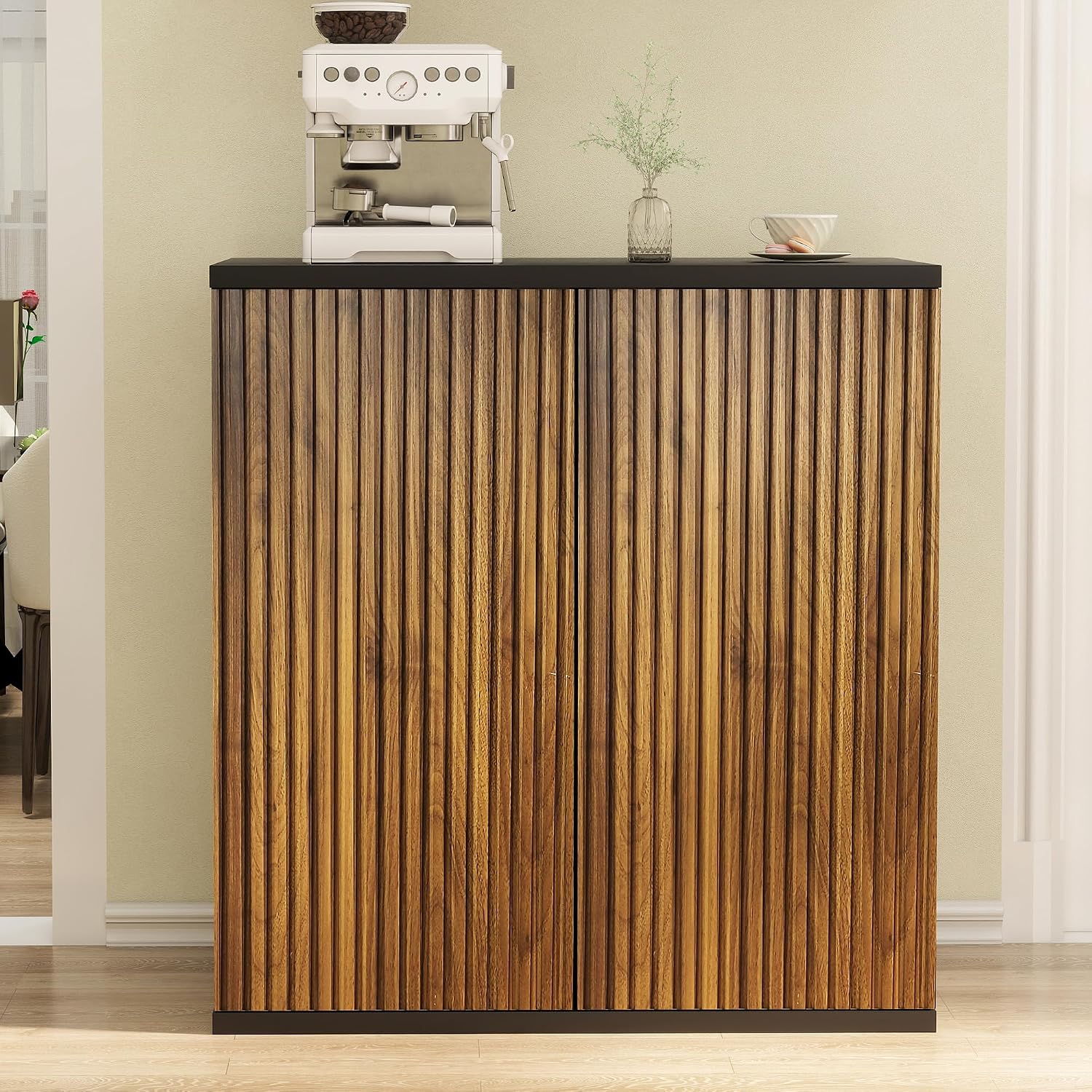 Buffet Cabinet with Storage Walnut Fluted Wooden Accent Sideboard with Pop-Up Doors and Adjustable Shelves Coffee Bar Media Console Cabinets for Kitchen, 1 Piece