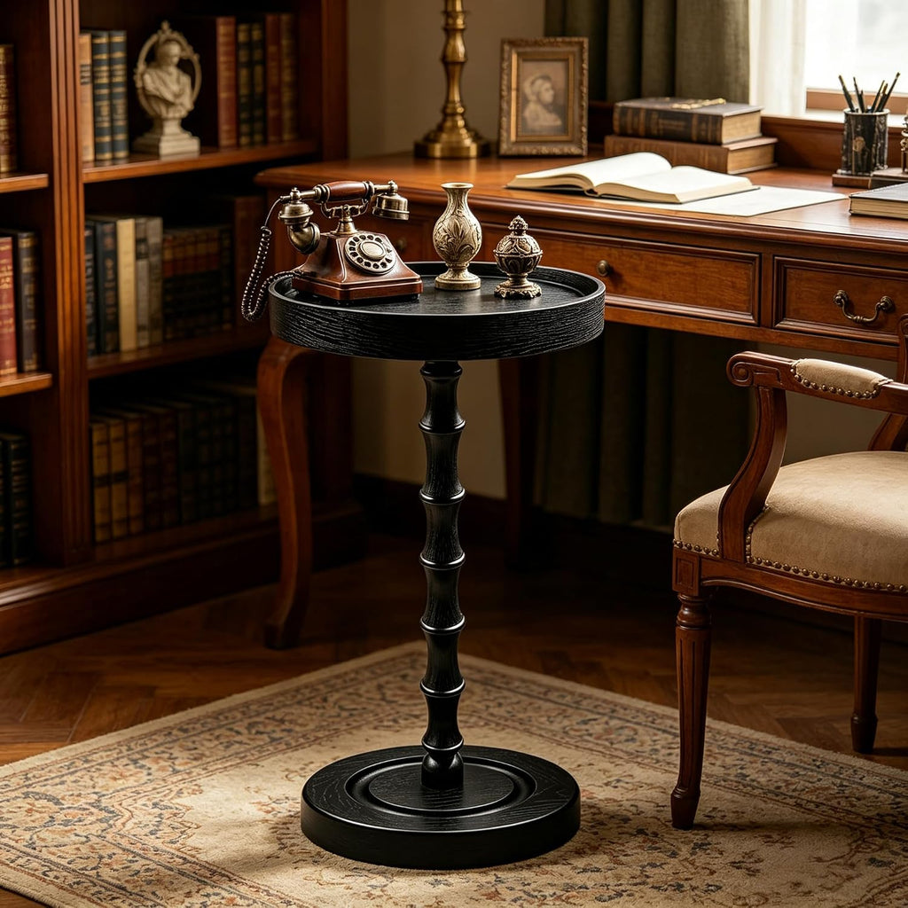 amzwkt 100% Solid Wood Round Side Table, Sturdy Pedestal Martini Drink Table, Easy Assembly Accent End Table for Small Spaces Living Room Bedroom Office Corners, Black Premium