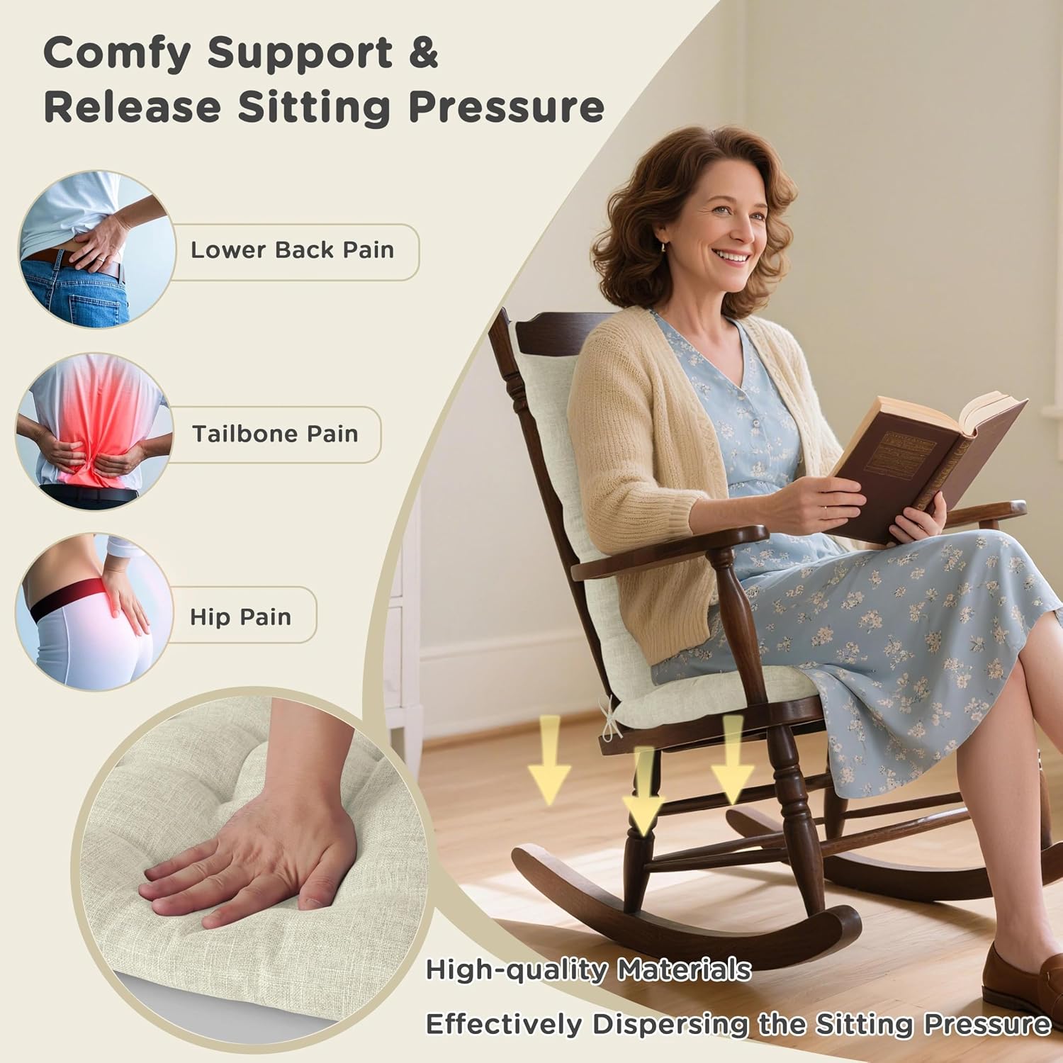 AddGrace Rocking Chair Cushions Indoor Tufted Cushions for Rocking Chairs with Ties Comfortable Textured Fabric Set of Seat & Back Cushion 21x17/17x17 Ivory