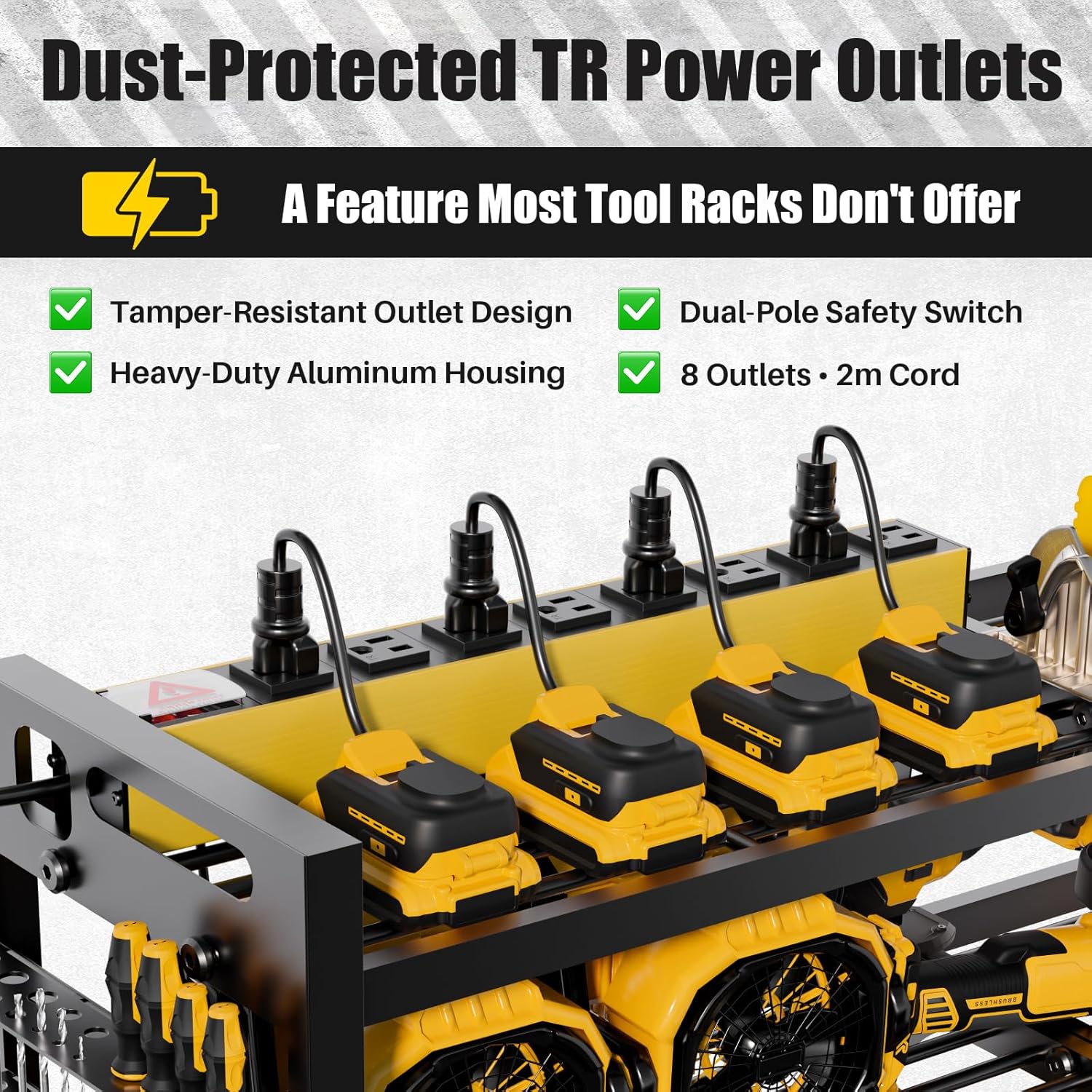 Power Tool Organizer Wall Mount | 8-Outlet TR Charging Station | Garage Storage Rack with Cordless Drill Holder | Heavy Duty Metal Shelf for Workshop Organization