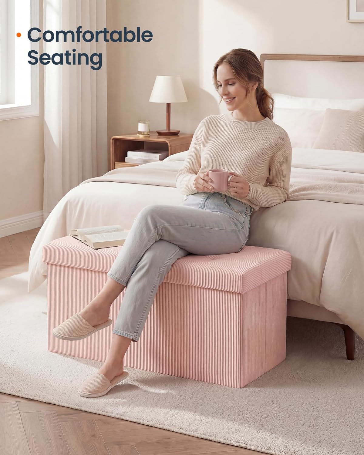 SONGMICS Home Ottoman with Storage, Removable Lid, Folding Storage Chest, Easy Assembly, for Entryway, Bedroom, Living Room, 15.2 x 30.2 x 15.2 Inches, Corduroy, Light Pink
