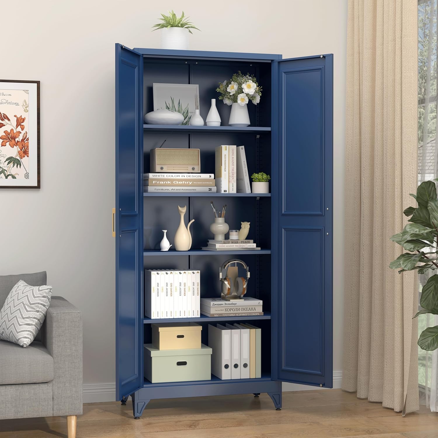 SteeLoong Kitchen Pantry Cabinet,75”Blue Metal Storage Cabinets with Doors and 4 Adjustable Shelves,Kitchen Cabinet with 2 Gold Handles,Tall Cabinet for Livingroom,Pantry, Bathroom