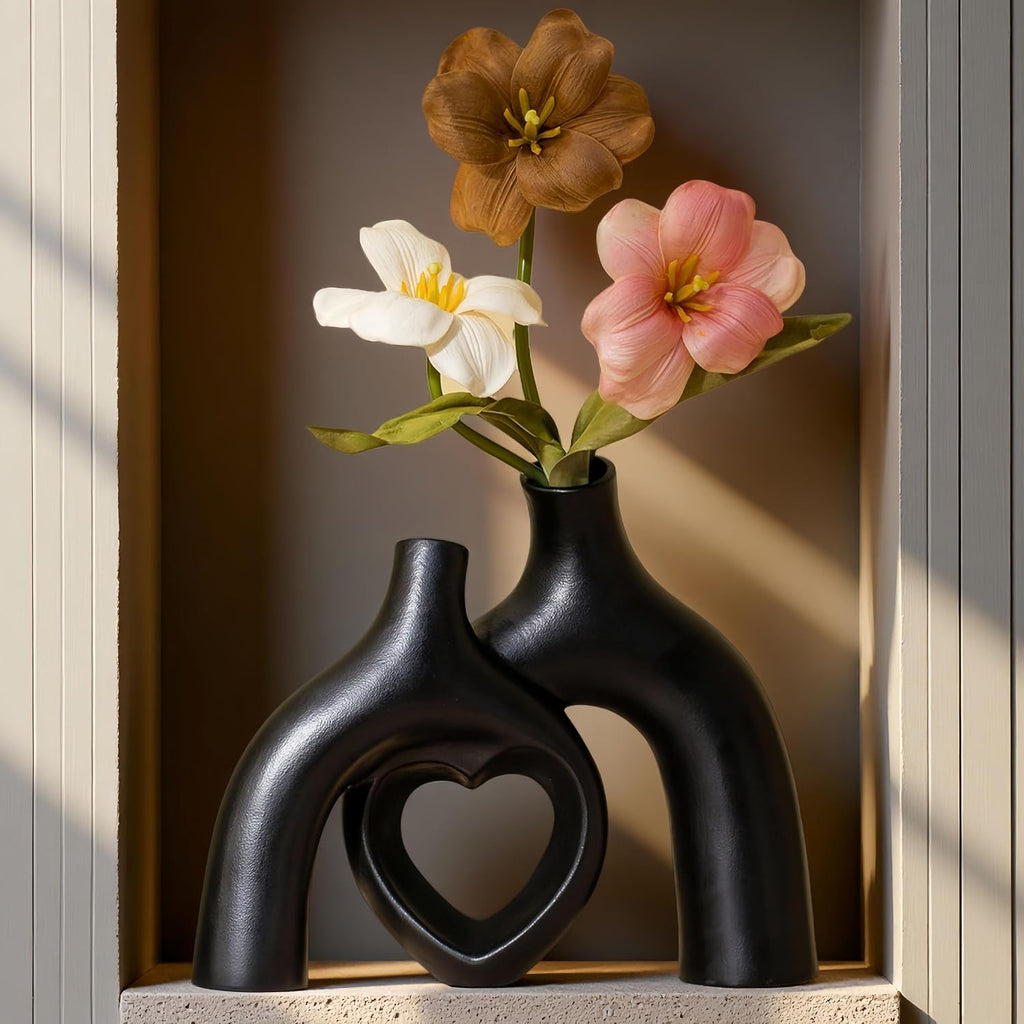 Liotww Hug Donut Ceramic Decorative Vase Set, Snuggle Hollow Modern Nordic Boho Style Vases for Home Decor Living Room Shelf Bookshelf Mantle Entryway Table Console Décor (Matte Black)