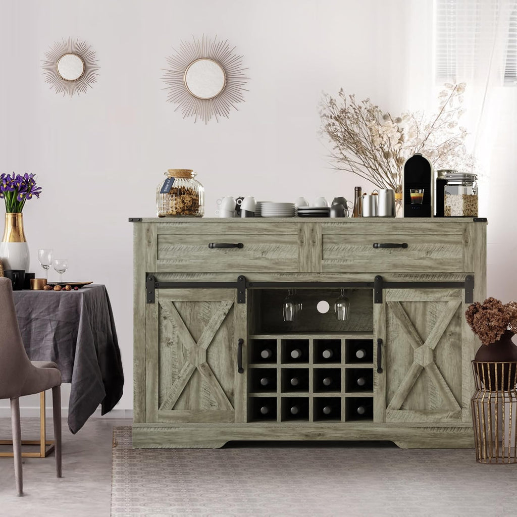 RoyalCraft 52'' Coffee Bar Cabinet with Storage, Farmhouse Sideboard Buffet with with Doors and Shelves, Light Grey