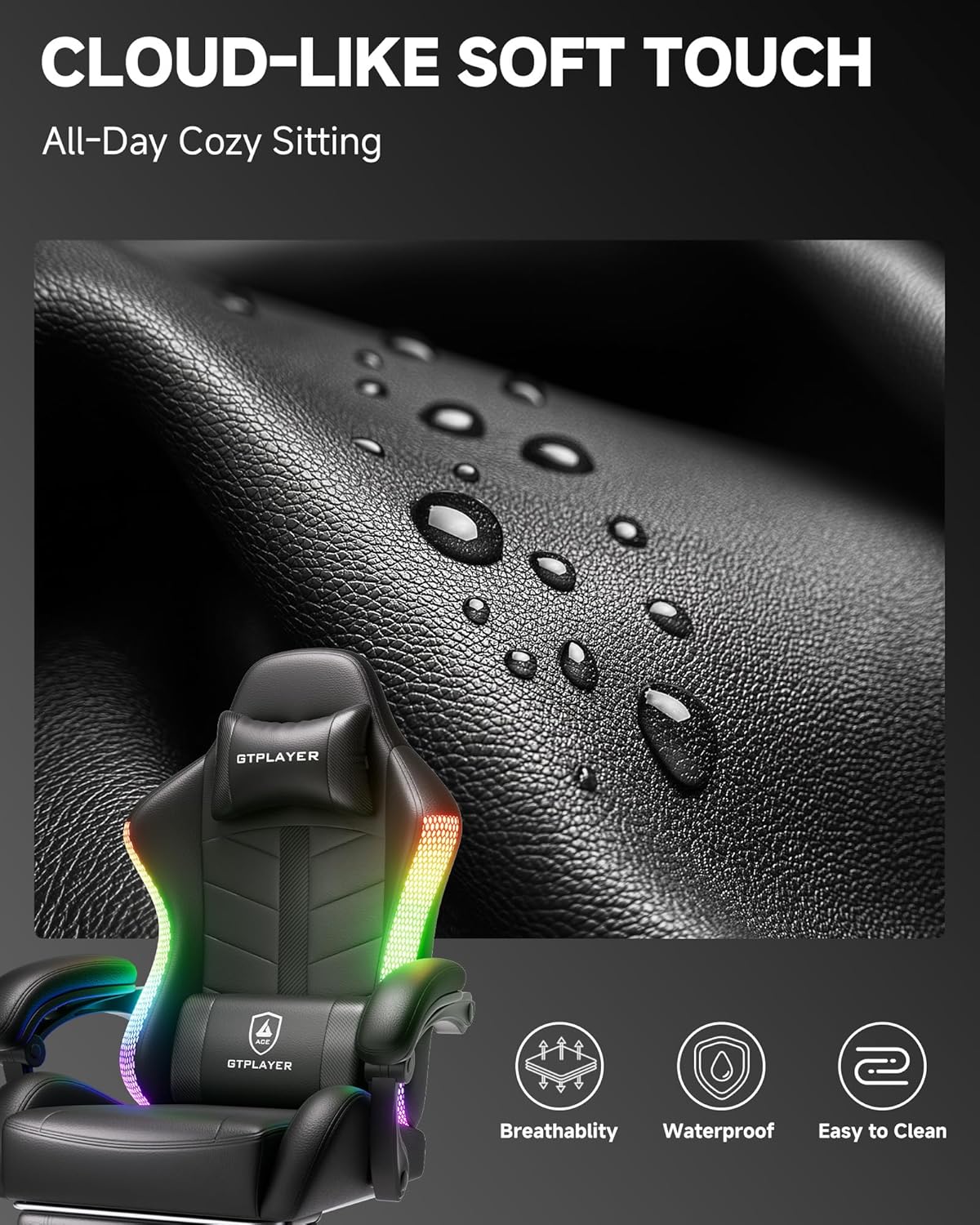 GTPLAYER RGB Gaming Chair with Footrest, Computer Gaming Chair with LED Lights for Adults, Height Adjustable PC Gamer Chair with 90-155° Recline & Removable Headrest Lumbar Support, RGB Black