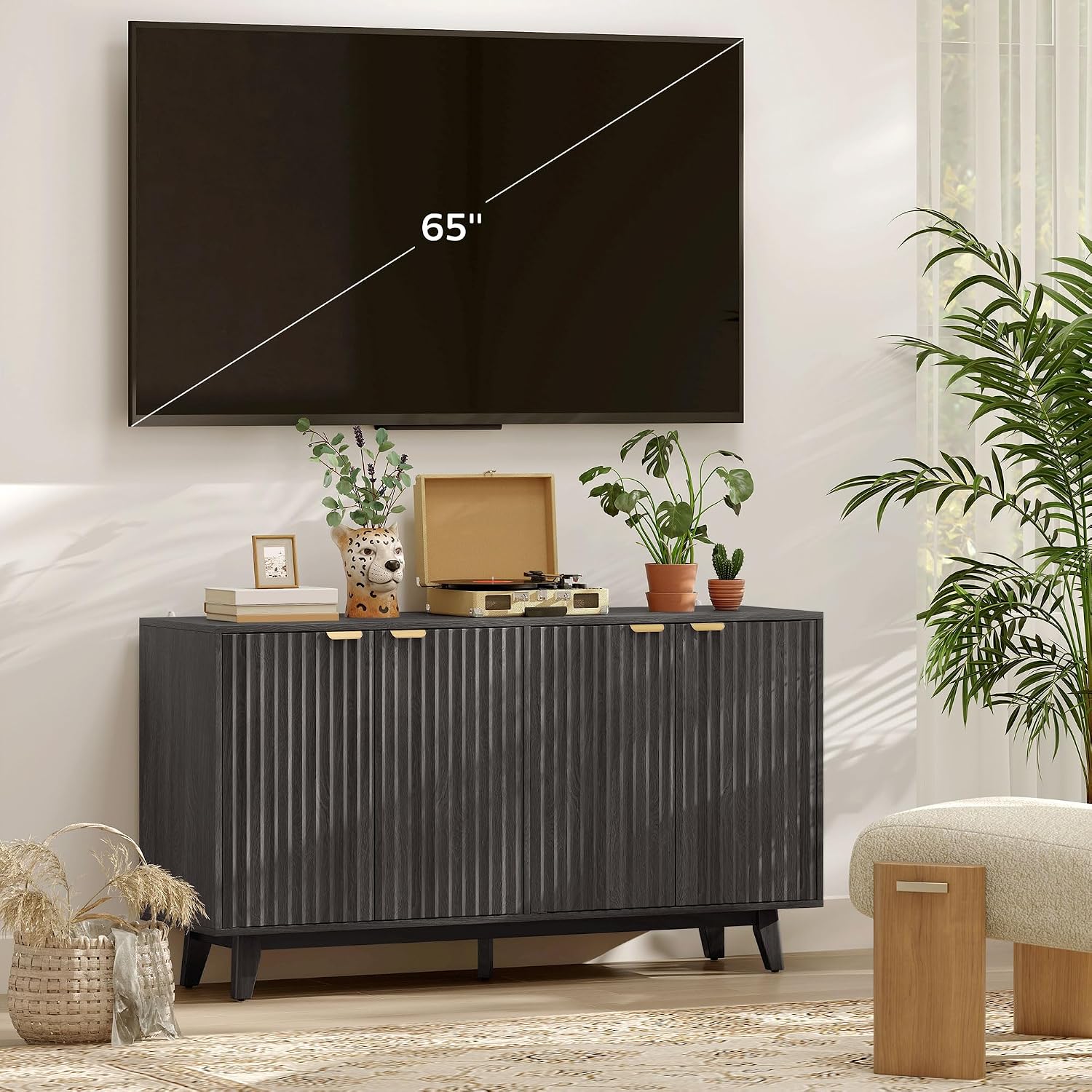 HOMCOM Sideboard Buffet Cabinet with Storage, 55" Fluted Modern Buffet Table Coffee Bar Console Cabinet with 2 Adjustable Shelves, 4 Doors for Dining Room, Living Room, Hallway, Dark Gray