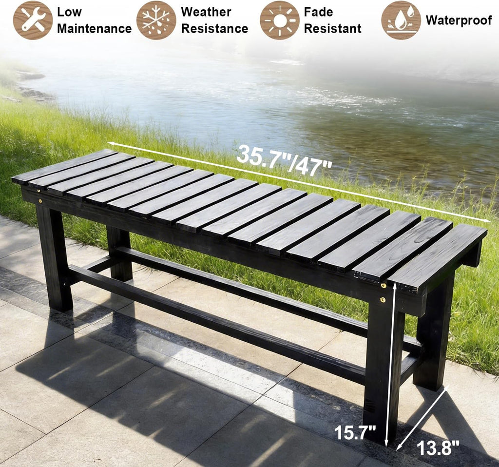 Outdoor Garden Bench, Solid Wood Patio Park Bench All-Weather 2-Person Seat Backless Bench, Anti-Corrosion Anti-Rust Garden Benches for Deck, Porch, Poolside, Yard & Balcony (Black, 35.5 in)