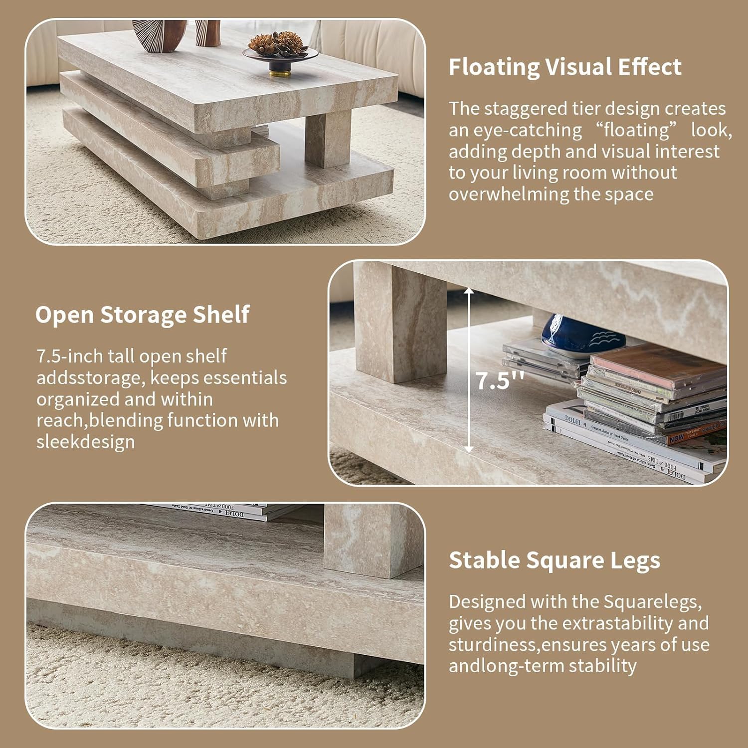 LKTART 43.3" Coffee Table, 2-Tier Stone Travertine Pattern Center Table with Open Storage, Mid Century Rectangular Wood Tea Table for Living Room, Bedroom, Office