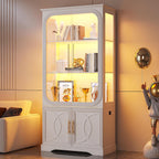 69" Tall Display Cabinet with Glass Doors, LED Wooden Bookcase | 5 Tier Curio Cabinet, 3 Colors LED Lights, Human Body Sensor, Glass Display Case with Storage Cabinet for Living Room, White