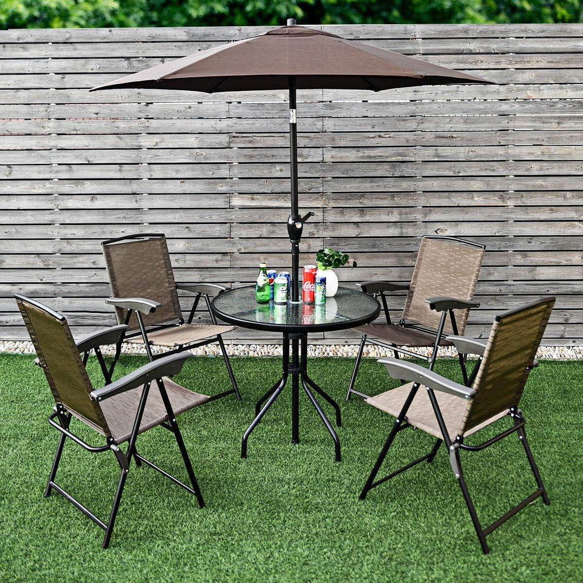 Moccha Set of 4 Patio Folding Chairs, Height Adjustable Sling Backrest Chairs with Armrest, Weather-Resistant Chairs Portable for Outdoor Indoor Garden Pool Beach, Deck Lounge Chairs, Brown