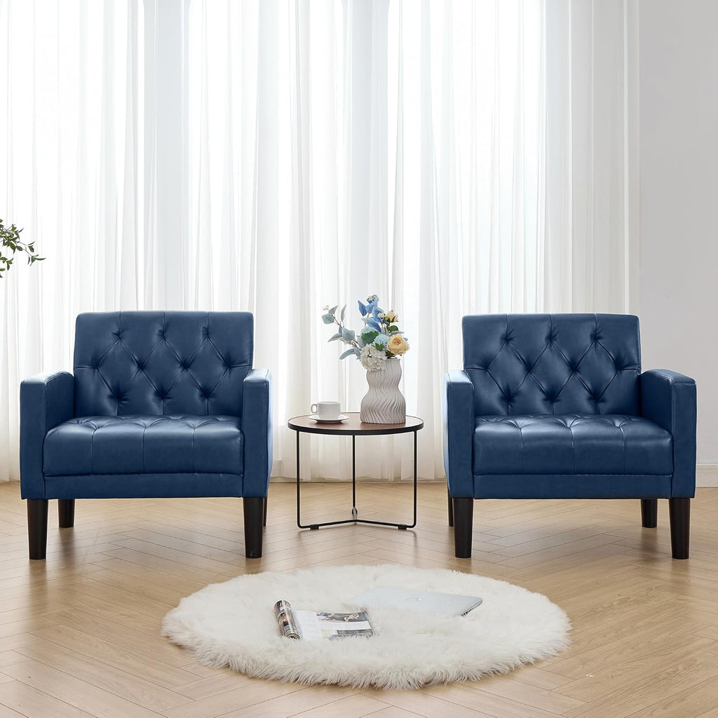 TYBOATLE Accent Chairs Set of 2 Comfy Living Room Chair Leather Tufted Mid Century Modern Accent Chair, Small Cozy Reading Arm Chair for Office, Bedroom (2, Blue)