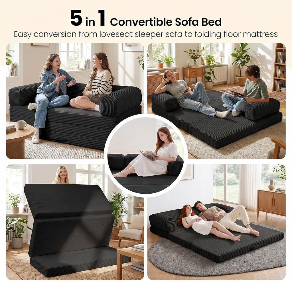 Erament Convertible Sofa Bed, Tri-Folding Mattress Queen Futon Couch Bed, Boneless Sleeper Couch Bed with Removable Armrests & Washable Cover for Guest Room, Living Room, Queen, Black