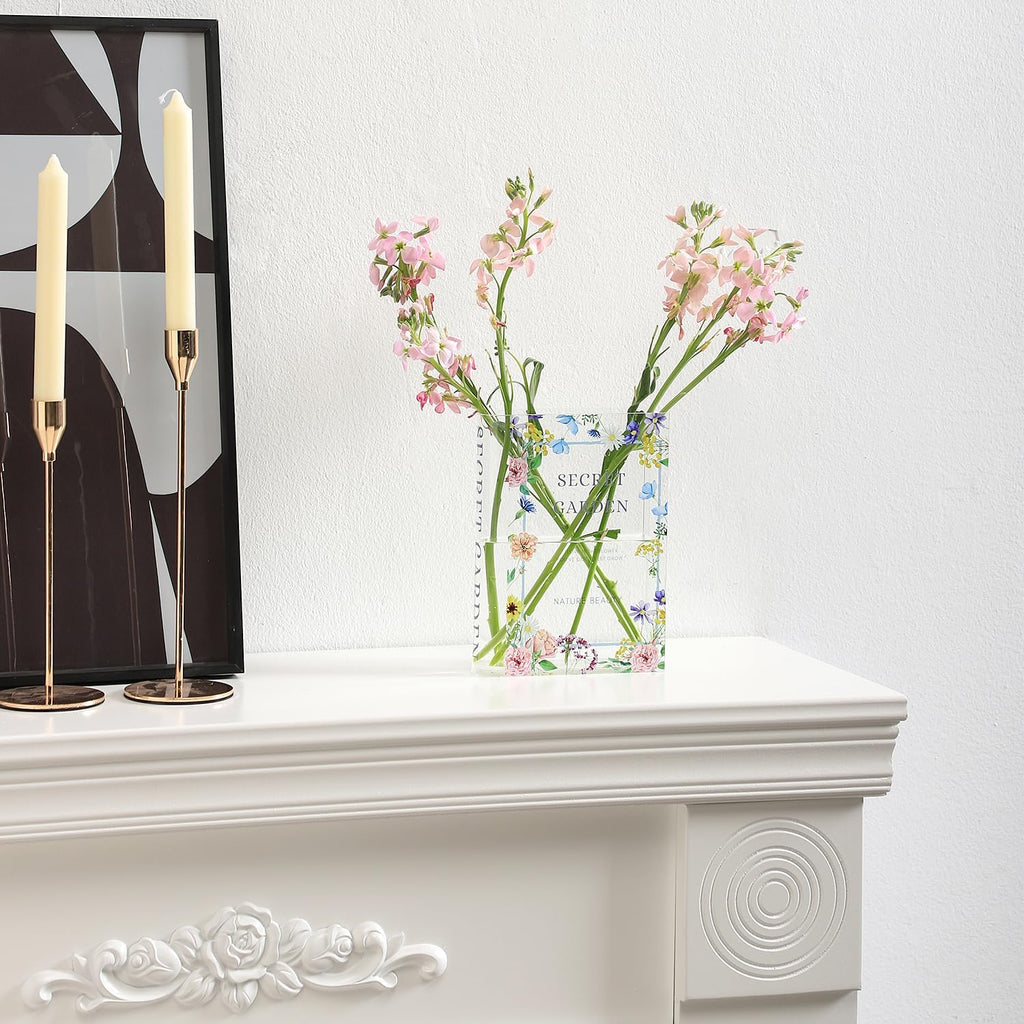 Book Vase, Acrylic Book Vase for Flowers, Book Flower Vase Clear, Book Shaped Vases, A Book About Flowers Vase, Modern Decorative Vases for Home, Office, Bedroom, Living Room, Dining Table