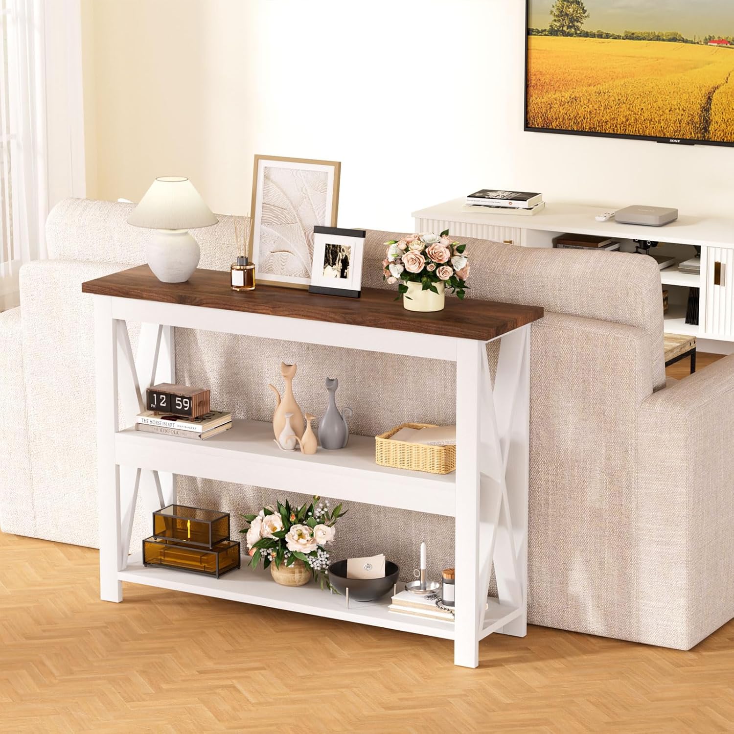 3-Tier Wood Entryway Table: 41" Narrow Console Shelf for Hallway - Farmhouse Sofa Desk Storage for Living Room (White)