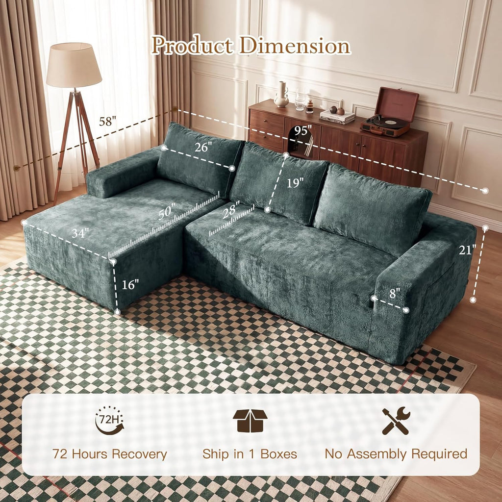 Vesgantti 95" Boneless Couches for Living Room, L-Shape Sectional Couch with Chaise in Chenille | Memory Foam | No Assembly Required, Deep Seat Cloud Modular Sofa for Apartment, Office (Green)