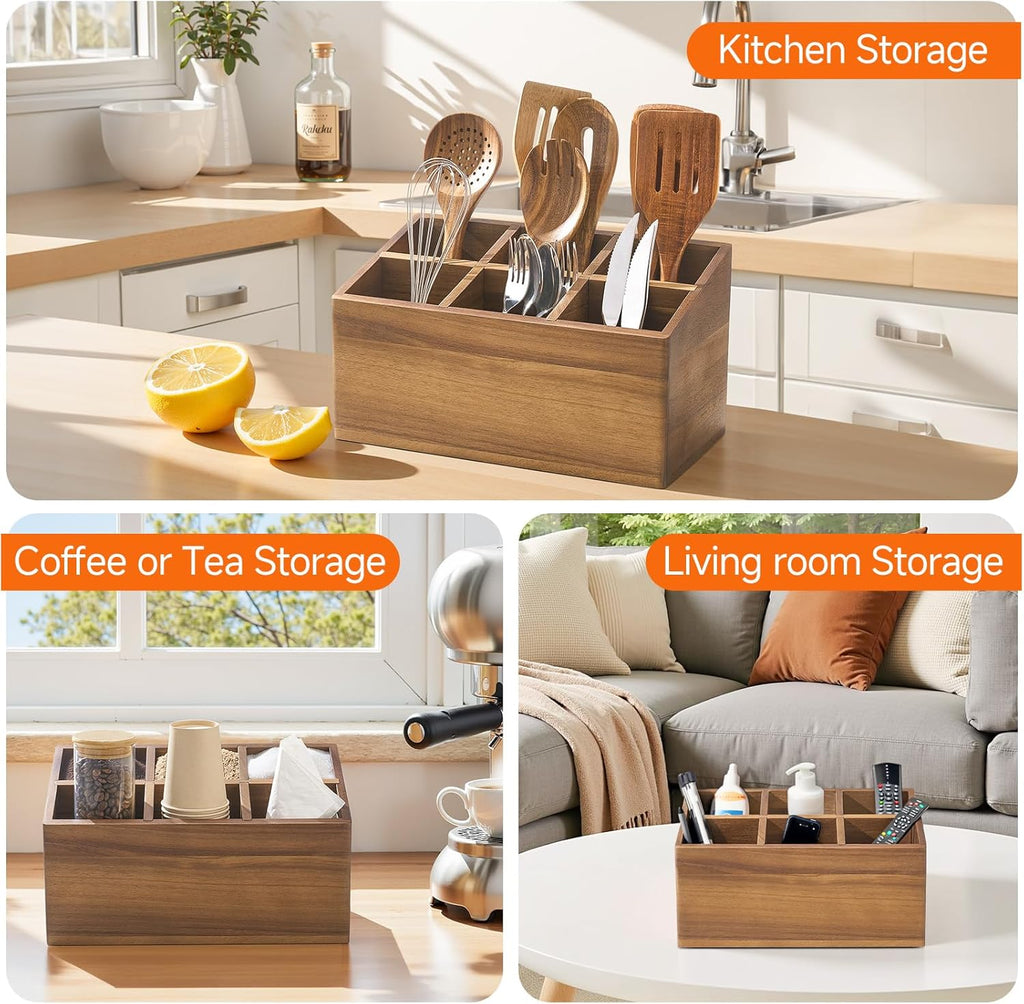 Wooden Utensil Holder Counter, Kitchen Utensil Organizer Large 6 Compartment Cooking Utensils Holder, Acacia Rustic Wood Farmhouse Storage Container Crocks for Silverware and Cooker Set