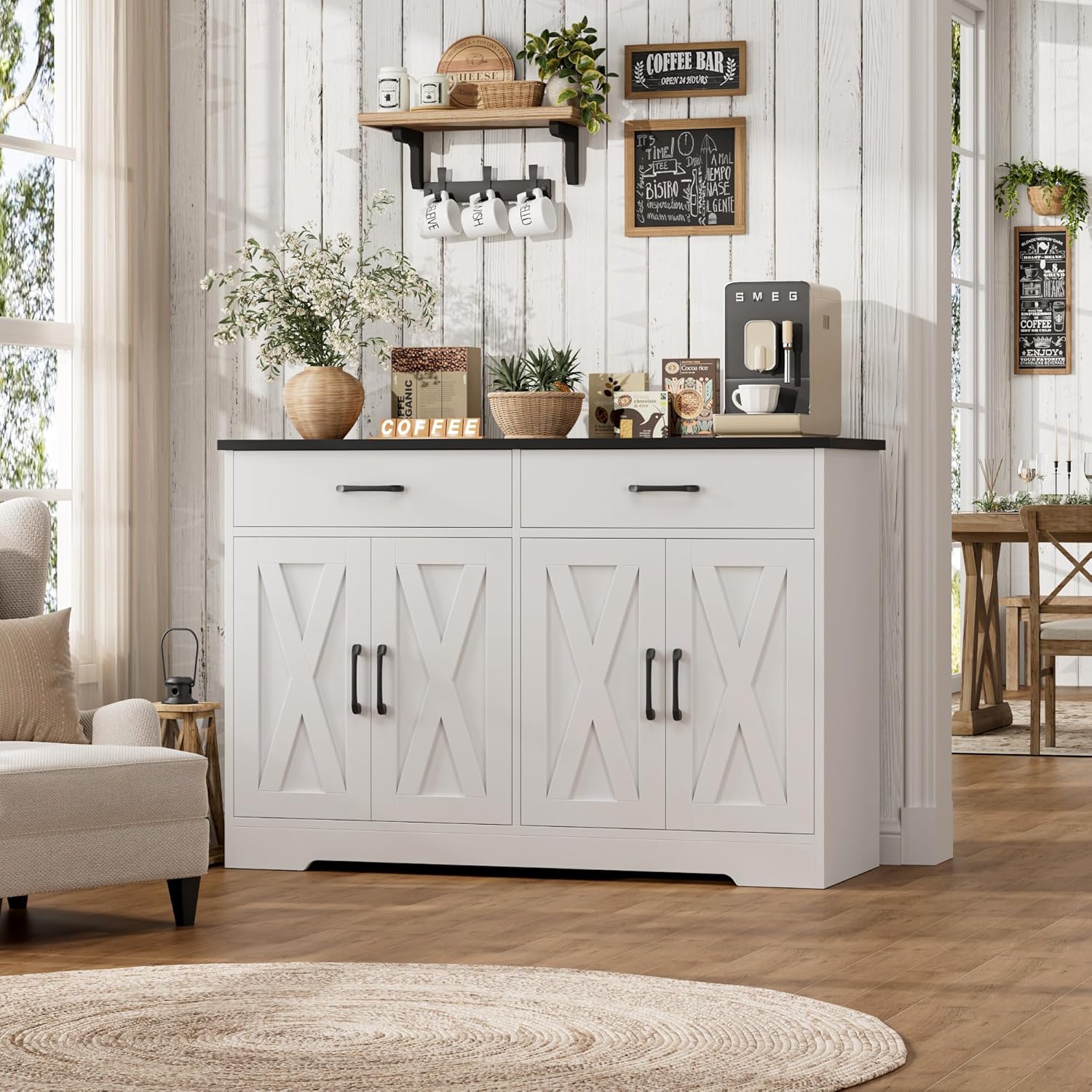 HOSTACK Buffet Cabinet with Storage, 47.2" Kitchen Sideboard Buffet with Drawers, Modern Farmhouse Coffee Bar Station with Shelves, Barn Doors Storage Cabinet for Living Room, White/Black