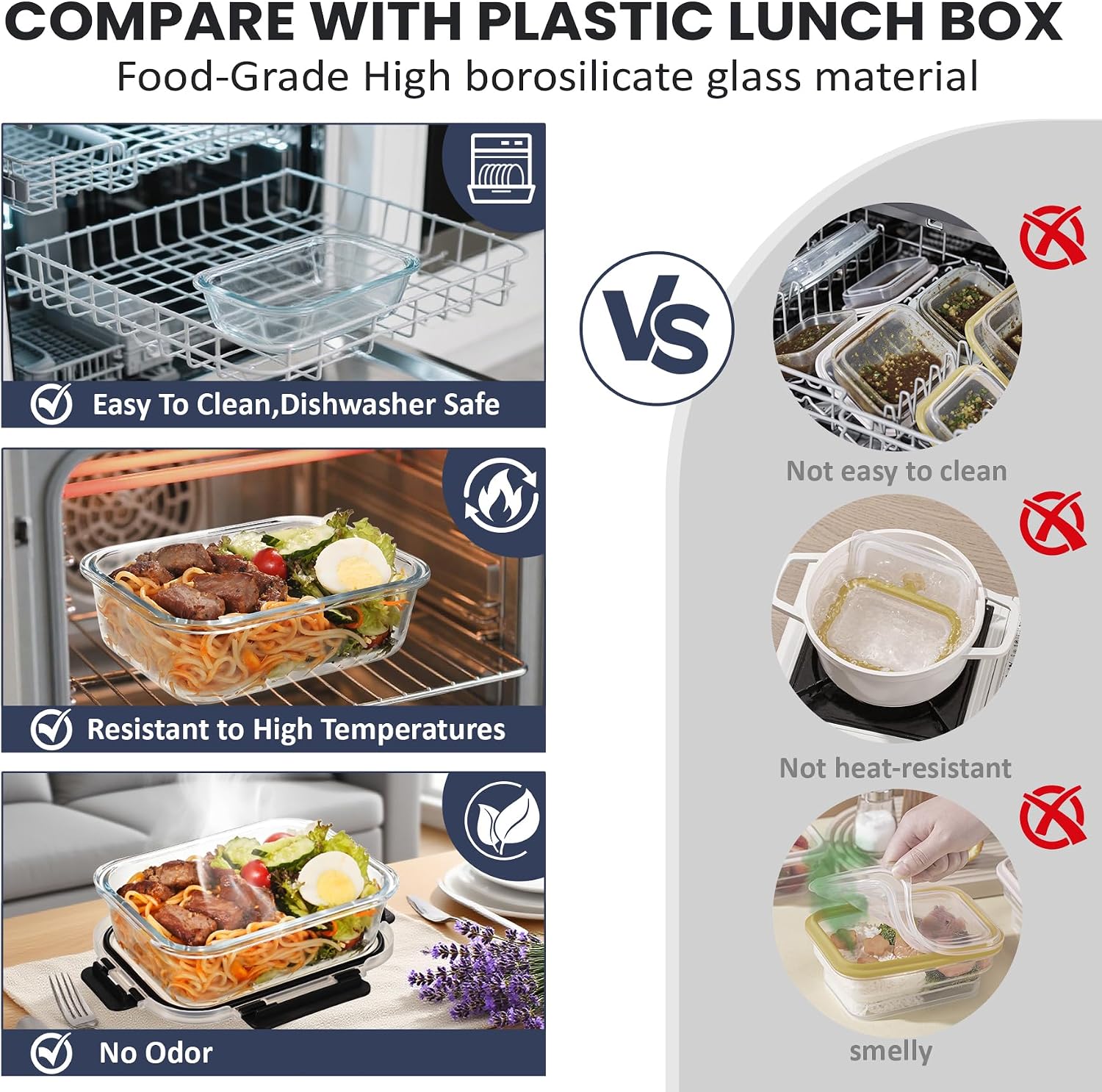 HOTEC 35OZ Glass Food Storage Container, Airtight Glass Lunch Fruit Containers with Lids - Microwave, Oven, Freezer and Dishwasher Safe, 4-PACK