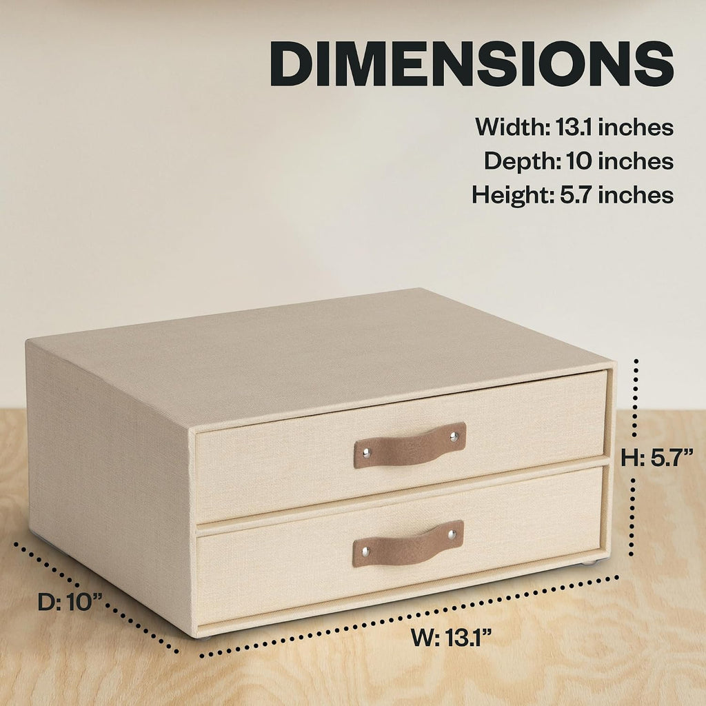 Bigso Birger 2 Drawers - Desktop Drawers for A4 and Letter Size Papers and Documents - Tabletop Drawers with Leather Handles - 13.1 in x 10 in x 5.7 in - Cream