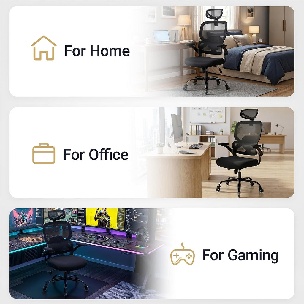 Office Chair Ergonomic Chair with Flip up Armrests, Adjustable Lumbar Support Computer Chair with Breathable Mesh Back Home Office Computer Chairs for Long Hours Mesh Office Chair