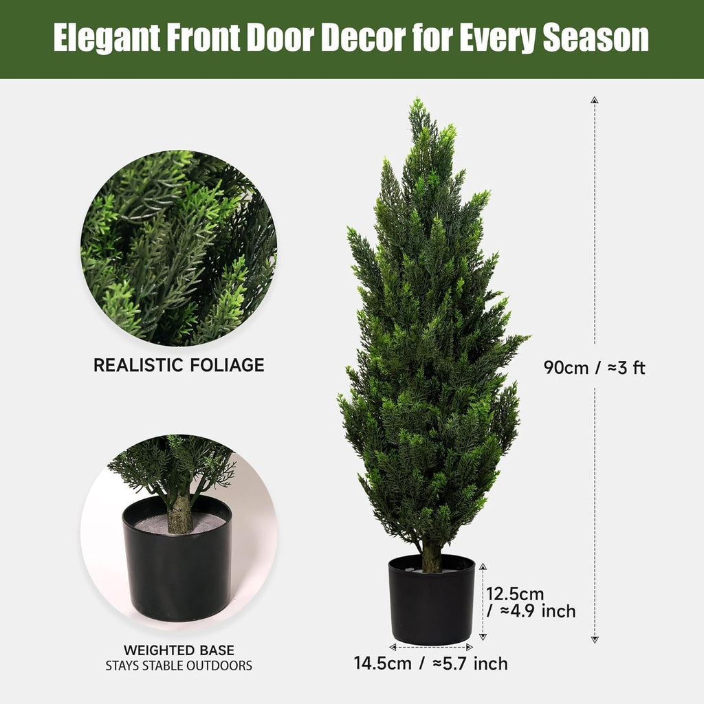 Set of 2 Artificial Topiary Pine Trees 3FT, Dense Faux Cedar Plants with Heavy Weighted Base, UV Resistant Outdoor Fake Trees for Front Door, Porch, Entryway & Indoor Home Decor