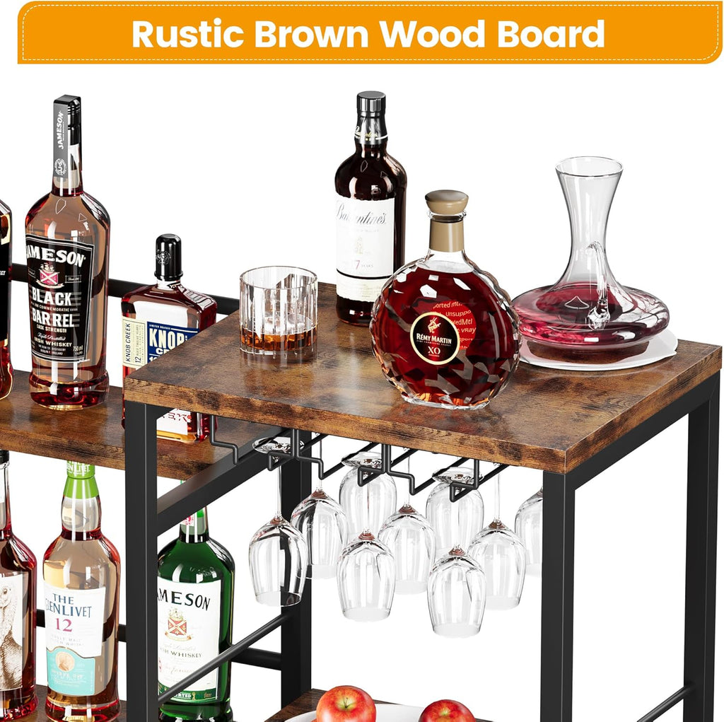 Homeiju Liquor Cabinet Bar for Home Bar, 3 Tier Wine Rack Freestanding Floor with Glass Holder and Fences, Trapezoidal Liquor Bottle Display Shelf for Liquor Whiskey Wine, Brown