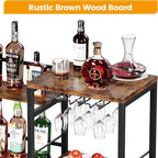Homeiju Liquor Cabinet Bar for Home Bar, 3 Tier Wine Rack Freestanding Floor with Glass Holder and Fences, Trapezoidal Liquor Bottle Display Shelf for Liquor Whiskey Wine, Brown