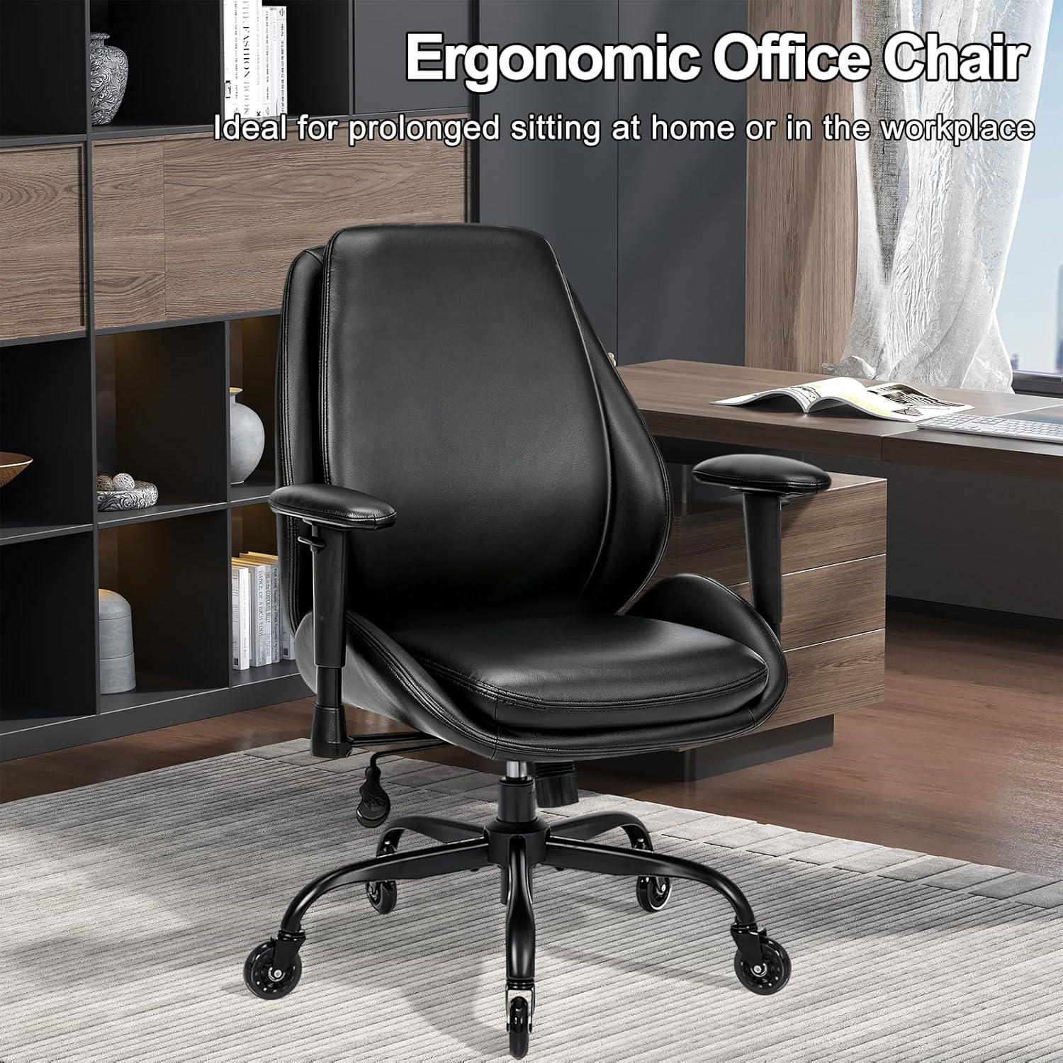 BEWISHOME Office Chair with Rubber Wheels, Big and Tall Office Chair, Ergonomic Office Chairs, Executive Desk Chair, Black PU Leather Computer Comfy Chairs with Lumbar Support, Adjustable Armrests