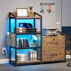 SEDETA 35.4” File Cabinet, Filing Cabinet fits Letter/A4 Size, 2 Drawe File Cabinets for Home Office with Power Strip, LED Lights, Lock, Open Shelf, Rustic Brown